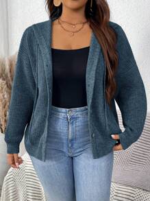 SHEIN LUNE 大码女式纯色休闲针织长袖连帽开衫，秋冬 - 霧霾藍 - 查看 3