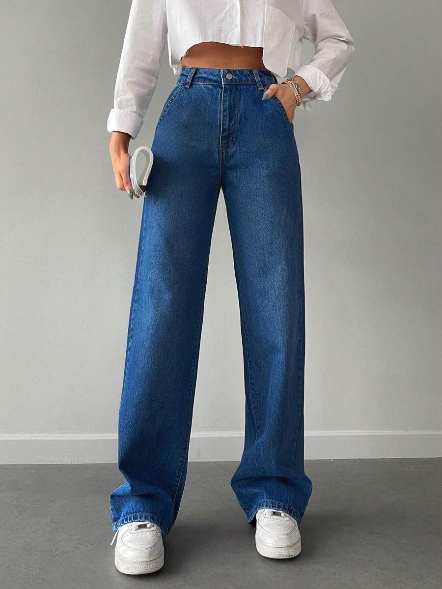 EURMUSE Solid Straight Leg Jeans - Medium Wash - View 1
