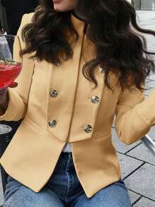 SHEIN Clasi Plus Size Elegant Double-Breasted Solid Color Long Sleeve Minimalist Jacket For Casual Wear - Khaki - View 1