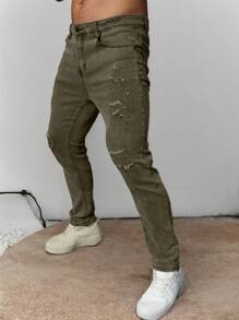 Manfinity Homme Men's Solid Color Casual Straight Leg Jeans With Pockets - Army Green - View 5