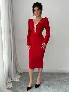 Selianne Valentine's Day Red Long Sleeve Pearl Cinched Waist Bodycon Mesh Patchwork V-Neck Pearl Ruffle Elegant Romantic Women Dress For New Year Clothes Maxi Women Outfit