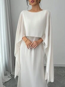 Selianne 优雅飘逸连衣裙，撞色可拆卸披肩袖，女士长款缎面女装