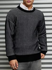 RueChic Men's Comfortable Casual Black & White Jacquard Textured Loose Knit Sweater - Black - View 6