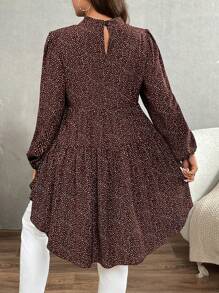 SHEIN LUNE 1 件女式加大码花卉图案不对称下摆长袖立领宽松衬衫荷叶边上衣 - 棕色 - 查看 2