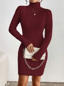 Chiquease Women Simple Solid High Neck Drop Shoulder Loose Fit Sweater Dress