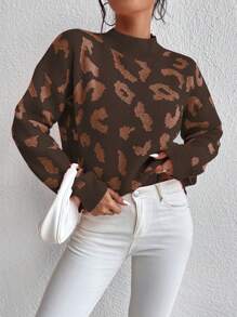 SHEIN LUNE 女士休闲豹纹立领落肩宽松毛衣 - 棕色 - 查看 5