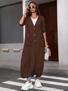 SHEIN LUNE Chaqueta con capucha de bolsillos laterales largos de unicolor informal para mujer, otoño