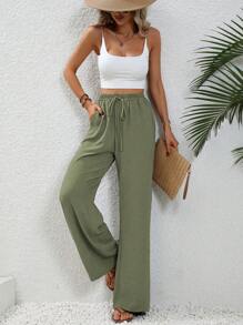 SHEIN LUNE Women's Solid Color Front Tie Pocket Minimalist 7/9 Length Pants, Casual Daily Wear Fall Cloth For Women - Green - View 6