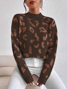 SHEIN LUNE 女士休闲豹纹立领落肩宽松毛衣 - 棕色 - 查看 3