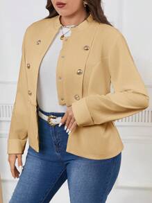 SHEIN Clasi Plus Size Elegant Double-Breasted Solid Color Long Sleeve Minimalist Jacket For Casual Wear - Khaki - View 6