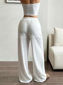 SHEIN EZwear 女士优雅通勤休闲蓝白条纹抹胸和宽松长裤套装，秋冬 - 藍色 - 查看 2