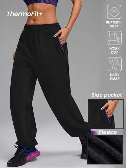 Innovista Pantalones deportivos de felpa de color púrpura y negro con bolsillo, chándal, casual y diario, conjuntos a juego, pantalones deportivos de mujer, joggers deportivos, pantalones con cintura elástica, pantalones holgados, pantalones de chándal apilados, ropa de mujer de otoño e invierno, para exteriores, correr, ropa para clima frío