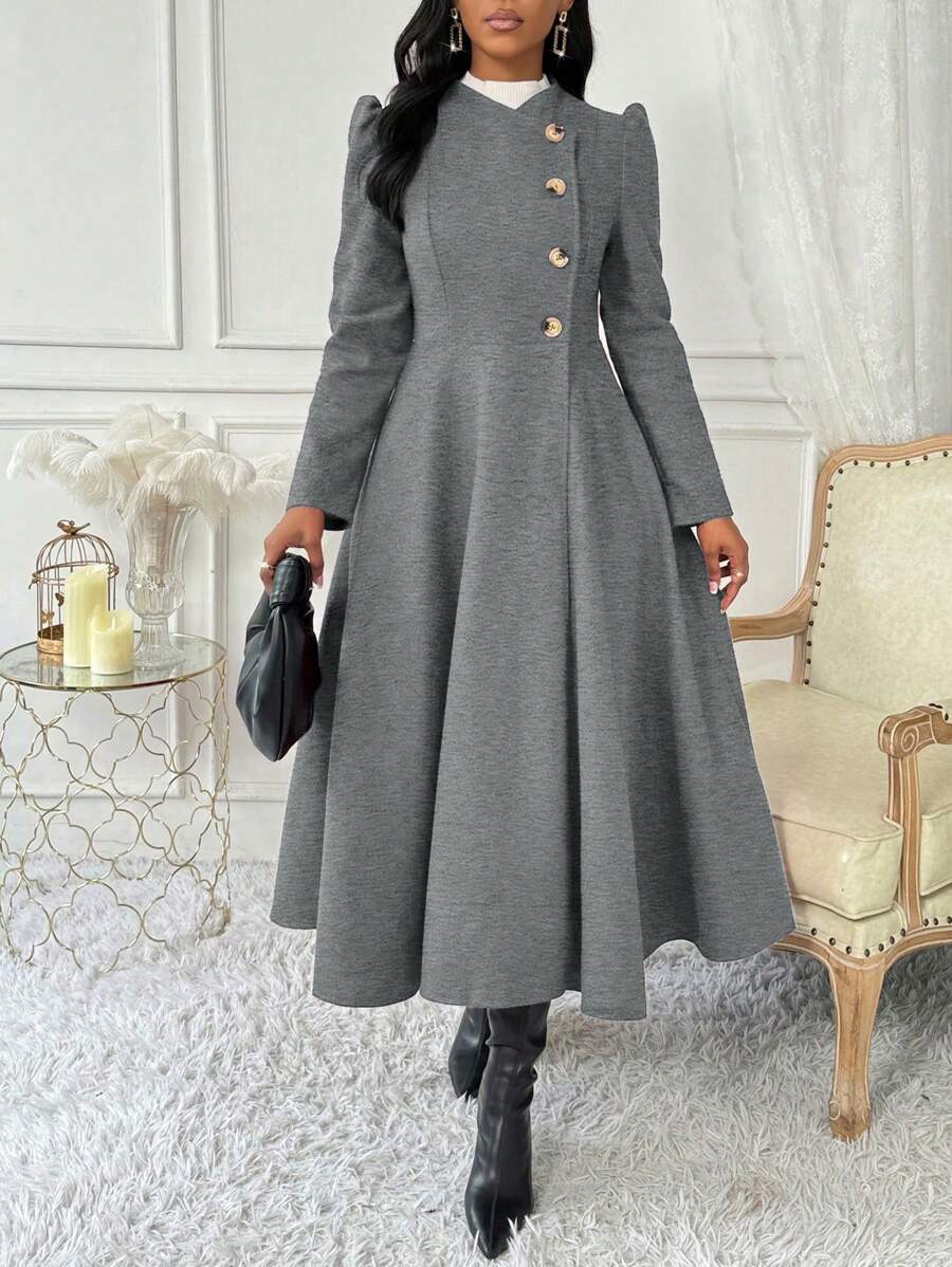 SHEIN Clasi 女士简约前扣收腰大衣，休闲秋季 - 灰色 - 查看 1