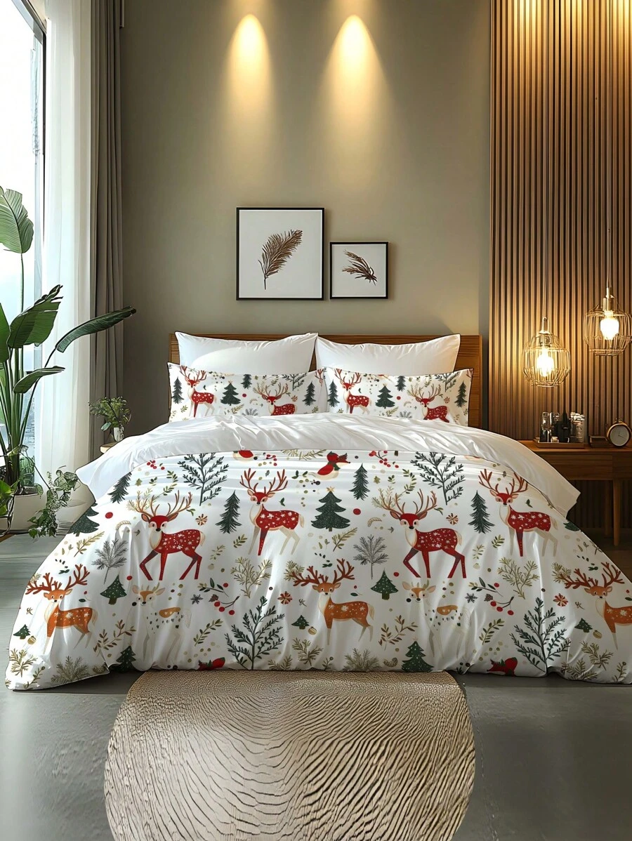 2/3pcs Christmas Holly Tree, Gift, Snowflake, Deer, Santa Claus Pattern Digital Printing Brushed Duvet Cover Set, Soft & Comfortable, Suitable For Bedroom, Guest Room, Game Room, Hotel, School Dormitory - Multicolor - View 1