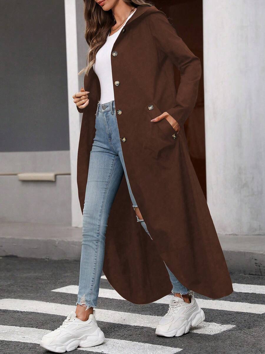 SHEIN LUNE Chaqueta con capucha de bolsillos laterales largos de unicolor informal para mujer, otoño