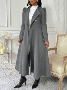 SHEIN Clasi 女士简约前扣收腰大衣，休闲秋季 - 灰色 - 查看 3