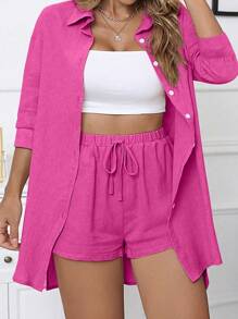 SHEIN LUNE Plus Solid Button Front Shirt Without Tube Top - Hot Pink - View 4