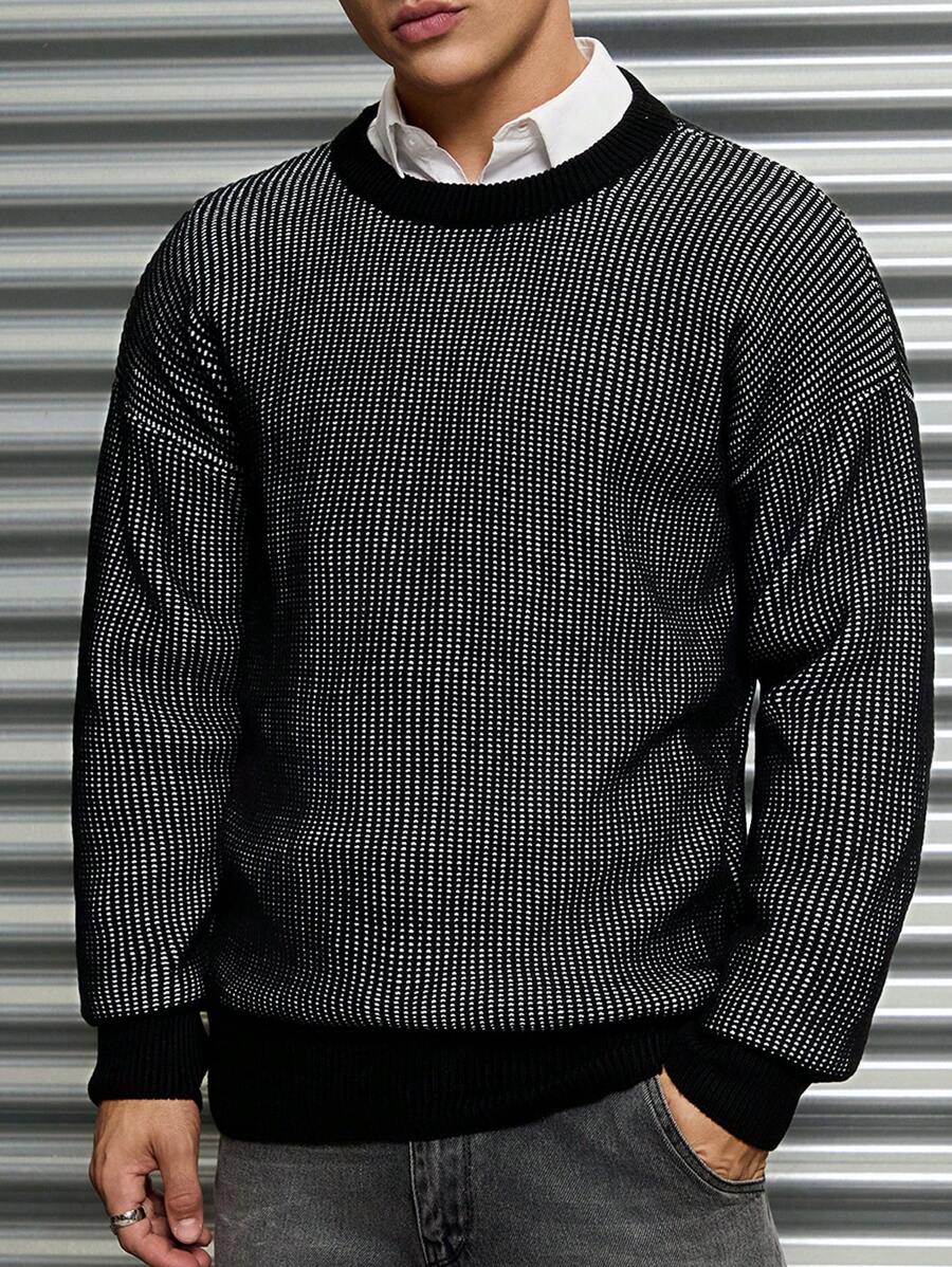 RueChic Men's Comfortable Casual Black & White Jacquard Textured Loose Knit Sweater - Black - View 1