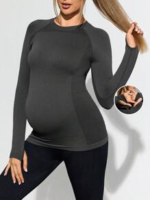 SHEIN حمل قميص ثقيل داخلي بأكمام طويلة أرجل ربيعية بياقة مستديرة بسيطة - رمادي غامق - مشاهدة 5
