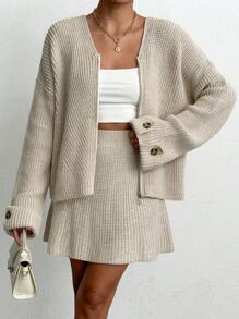 RueChic Women Hooded Cardigan With Button Detailed Sleeve And Mini Swater Skirt 2 Two Piece Sets Co-Ords