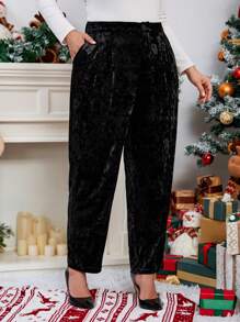SHEIN Clasi Plus Size Solid Color Front Button Pocket Casual Trousers Christmas Women Clothes - Black - View 4