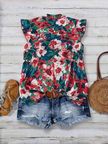 SHEIN Clasi Plus Size Front Tie Ruched Floral All Over Print Blouse, Casual For Daily Wear - Green - View 2