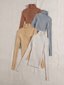 Chiquease 4-częściowy prosty, wysoki kołnierz, długi rękaw, minimalistyczny, swobodny sweter
