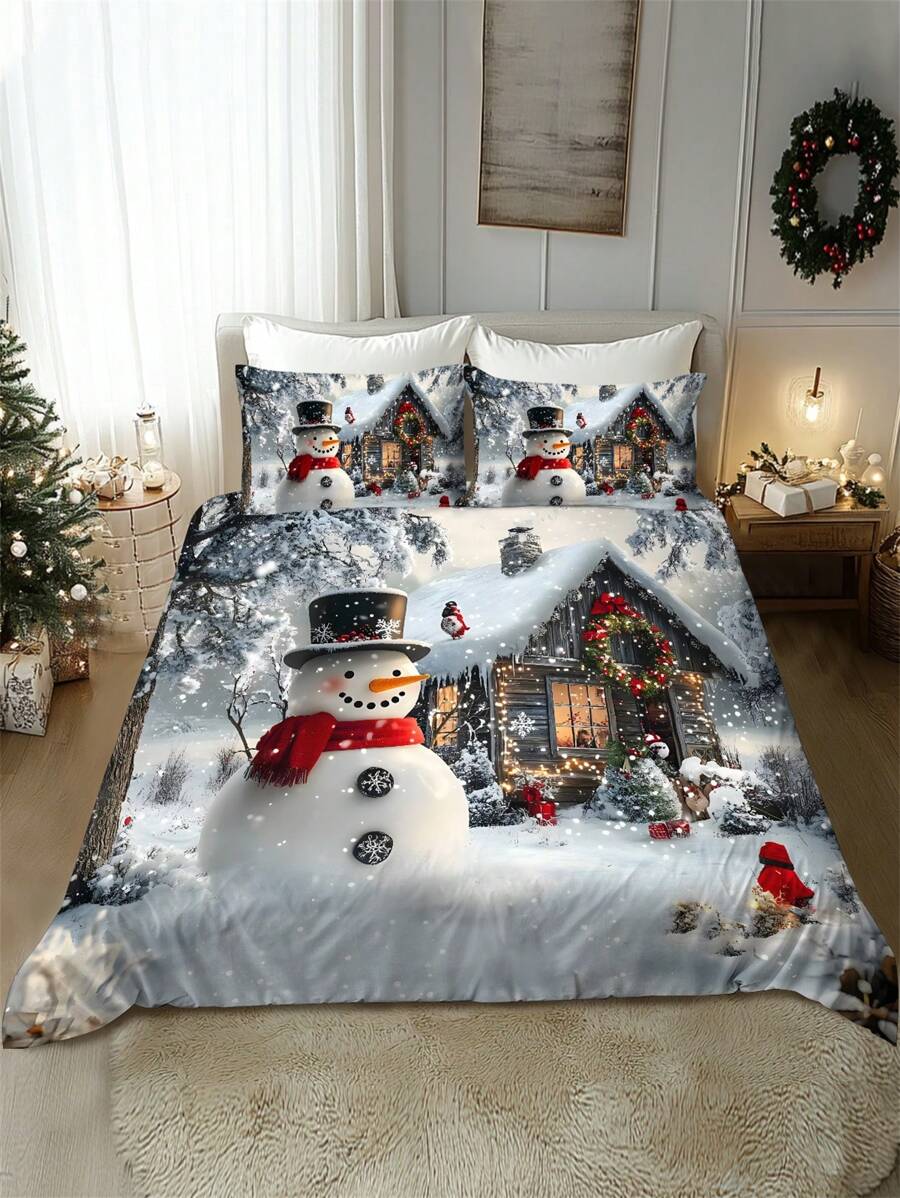 Set de edredón suave con estampado de árbol de Navidad, Papá Noel y renos de 2/3 piezas, adecuado para dormitorio, sala de estar, dormitorio universitario, hotel - Multicolor - Ver 1