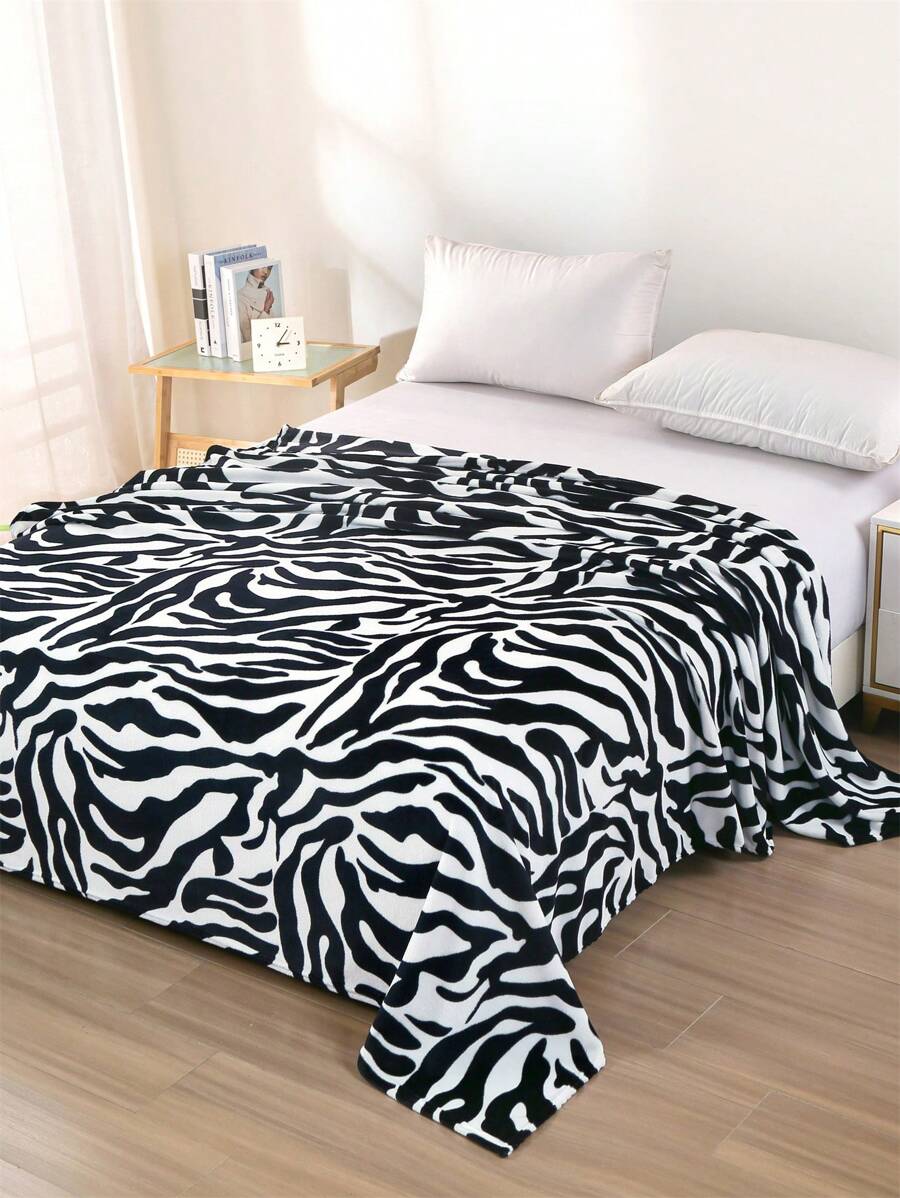 1 pieza Manta/Chal de peluche con estampado de cebra en blanco y negro, suave y cálida, de doble uso como manta o cobertor para la sala de estar, sofá, dormitorio, dormitorio, decoración de otoño, decoración de otoño, decoración de la habitación - Blanco y Negro - Ver 1