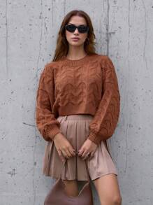 EURMUSE Casual Crew Neck Cable Knit Drop Shoulder Crop Sweater - Camel - View 2