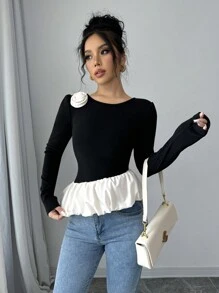 SHEIN ChicEase Áo thun dài tay bo gấu họa tiết hoa 3D thường ngày cho nữ, mùa xuân/thu - Đen và trắng - Xem 6
