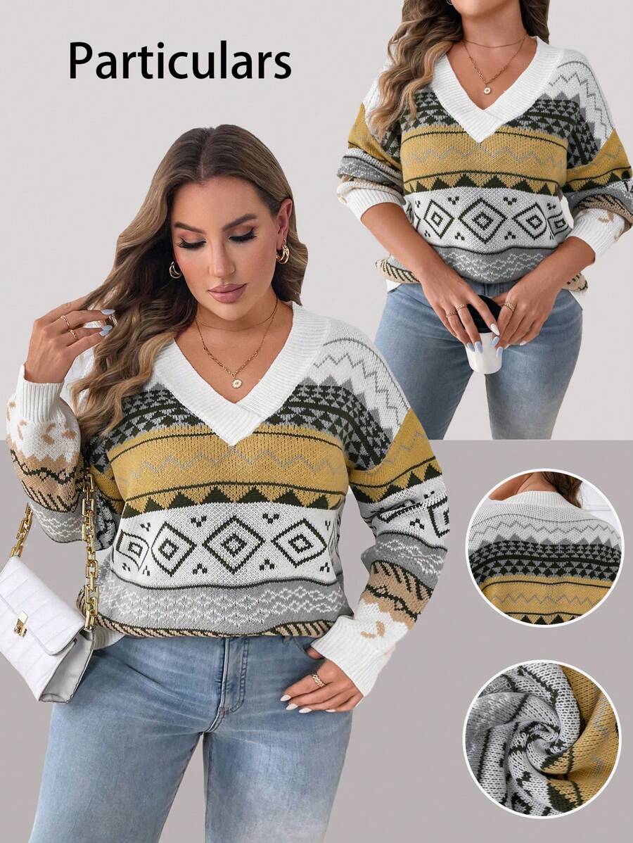 Calvaya 大码女式V领几何图案落肩长袖休闲毛衣，秋冬针织套头衫 - 杏色 - 查看 1