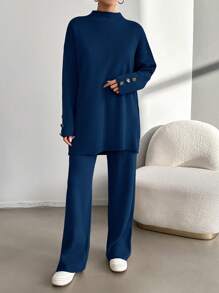 EURMUSE Women Solid Stand Collar Long Sleeve Top And Pant Set, Elegant Knit 2Pcs Suit - Navy Blue - View 5