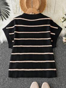 Calvaya Plus Size Round Neck Short Sleeve Simple Striped Knit Top, Casual Everyday Wear, For Summer - Black - View 2