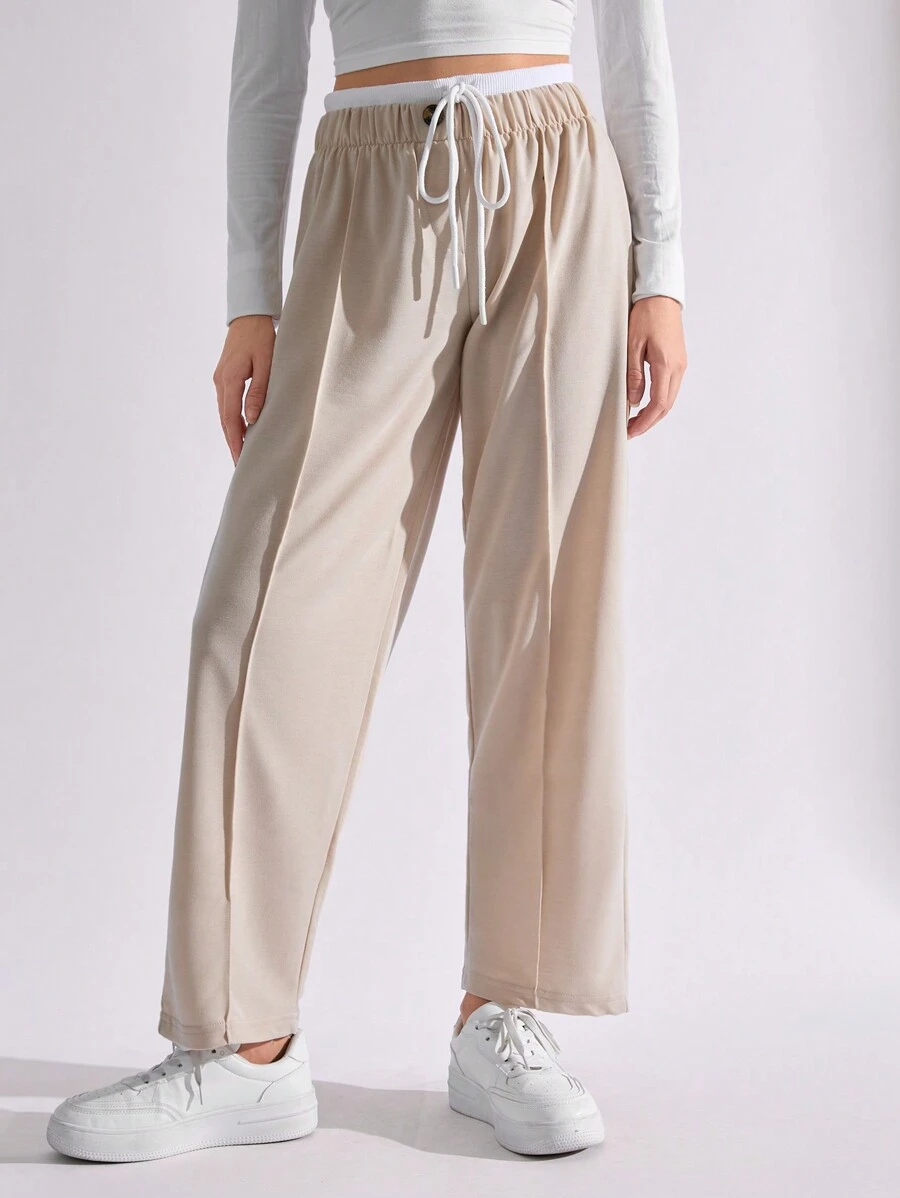 SHEIN PETITE Cotton Women CottnLine Drawstring Waist Front Button Pants - Beige - View 1