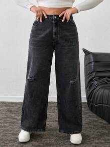 RueChic Plus High Waist Ripped Wide Leg Jean - Black - View 5