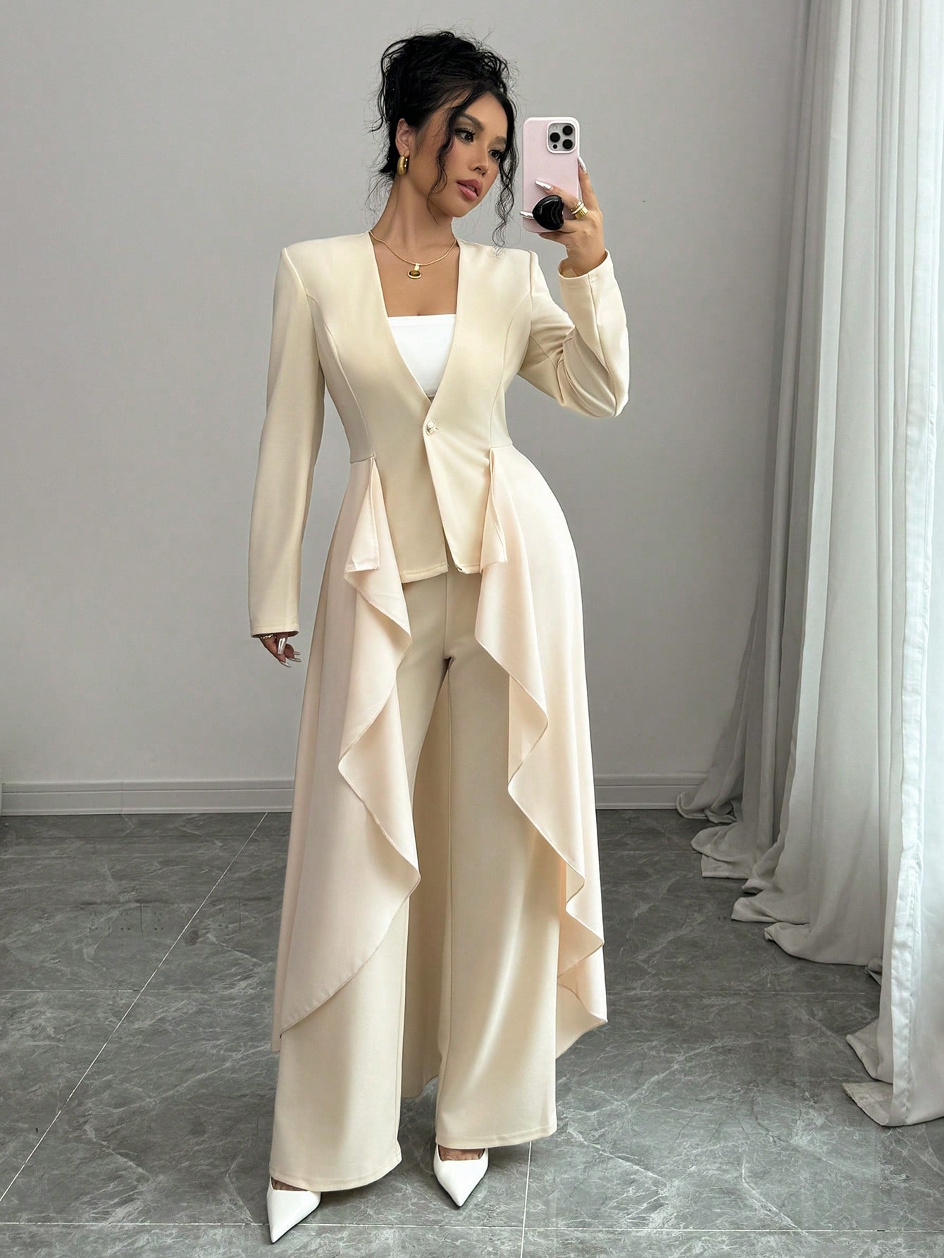 Elenzga بدلة رومانسية مكونة من بليزر مشدود للخصر و...