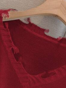 SHEIN LUNE Áo len dệt kim cổ chữ V dài tay họa tiết tối giản cho nữ, mặc thường ngày - Màu Đỏ Sâu - Xem 6