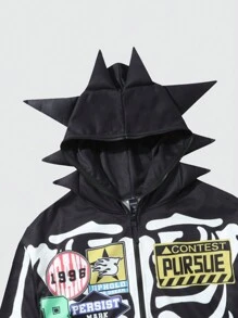 ROMWE MEN Street Life Sudadera con capucha y cremallera con estampado de calavera, estilo urbano