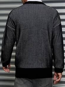 RueChic Men's Comfortable Casual Black & White Jacquard Textured Loose Knit Sweater - Black - View 2