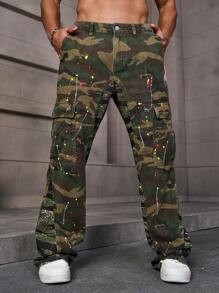 Manfinity EMRG Vaqueros de talla grande para hombres con estampado gráfico y múltiples bolsillos, vaqueros de corte recto y holgados de largo completo, lavados como regalo para esposo o novio