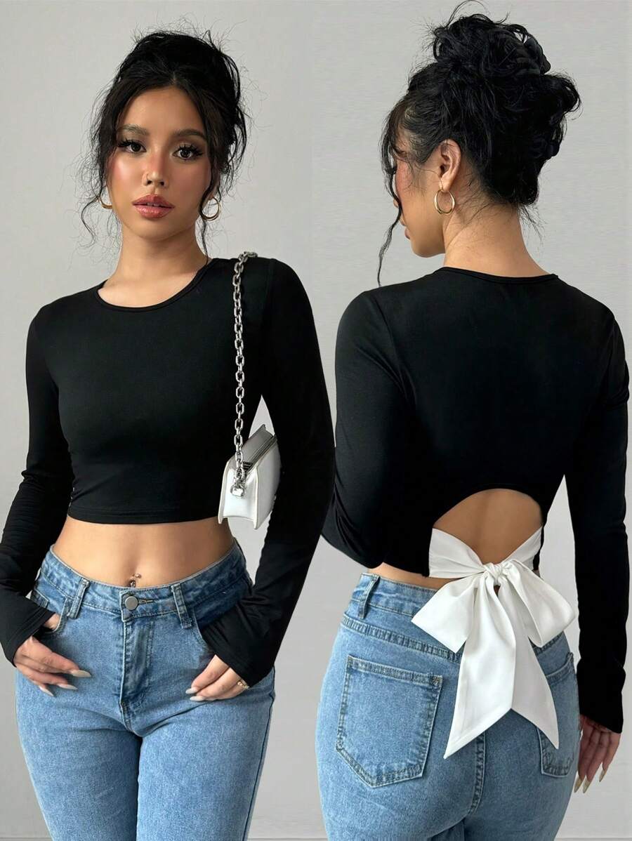 Chiquease Women's Contrast Color Bow Decor Long Sleeve T-Shirt Fall Cloth For Women - Black - View 1