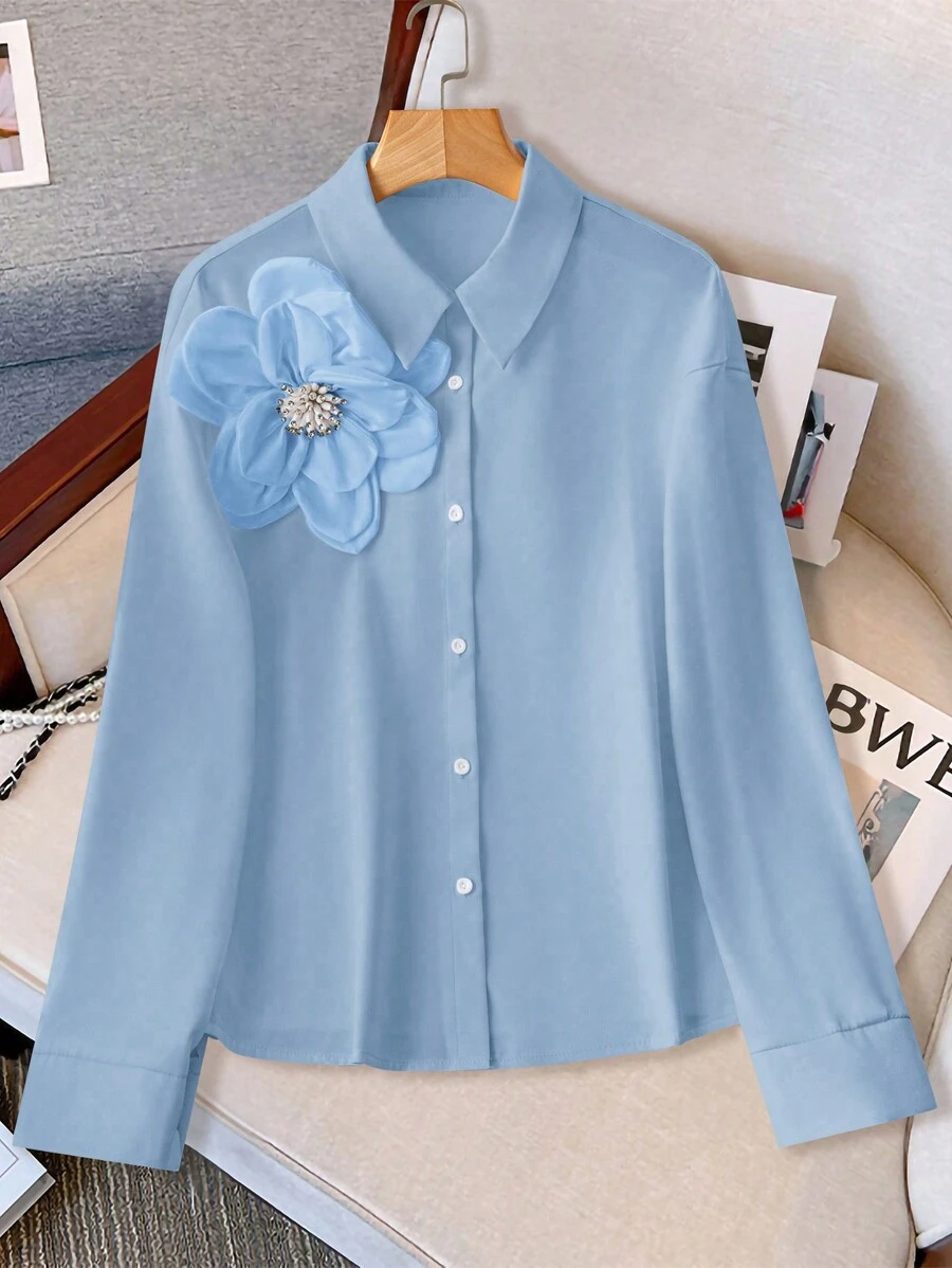 SHEIN LUNE 女士优雅纯色 3D 花卉装饰纽扣衬衫 - 藍色 - 查看 1