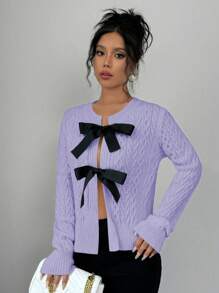 SHEIN Unity 秋冬休闲日常优雅蝴蝶结正面开衫 - 淡紫色 - 查看 5