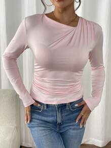 Calvaya Asymmetrical Ruched V-Neck Cinched Waist Fitted Long Sleeve T-Shirt