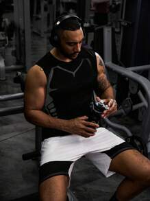 Gym Rark 3PCS Men's Compression Tops,Black Summer Athleisure Gym Set,Elastic Breathable Round Neck Graphic Print Athletic Tank Top Workout Compression Shirt - Black - View 3
