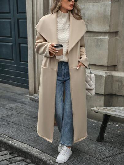 SHEIN LUNE 1 pieza Abrigo largo y grueso de unicolor para mujer 2024, adecuado para la oficina y el transporte, cálido para otoño/invierno