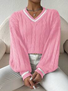 Selianne Women's Casual Loose V-Neck Drop Shoulder Colorblock Knit Sweater For Autumn/Winter, Long Sleeve Top Knit Pullover Fall - Pink - View 6