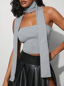 Hauture 1pc Women Summer Casual Solid Color Tube Top Knitted Blouse With Scarf