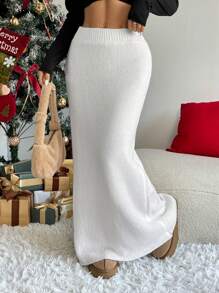 Muchica 1set Women Solid Color Elastic Waist Maxi Sweater Dress, Casual Daily Wear, Autumn/Winter - White - View 1